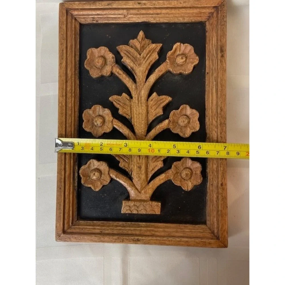 Vintage Teak Tree Carved Floral Wood Wall Art MCM Brown Black Plaque Relief 10x7